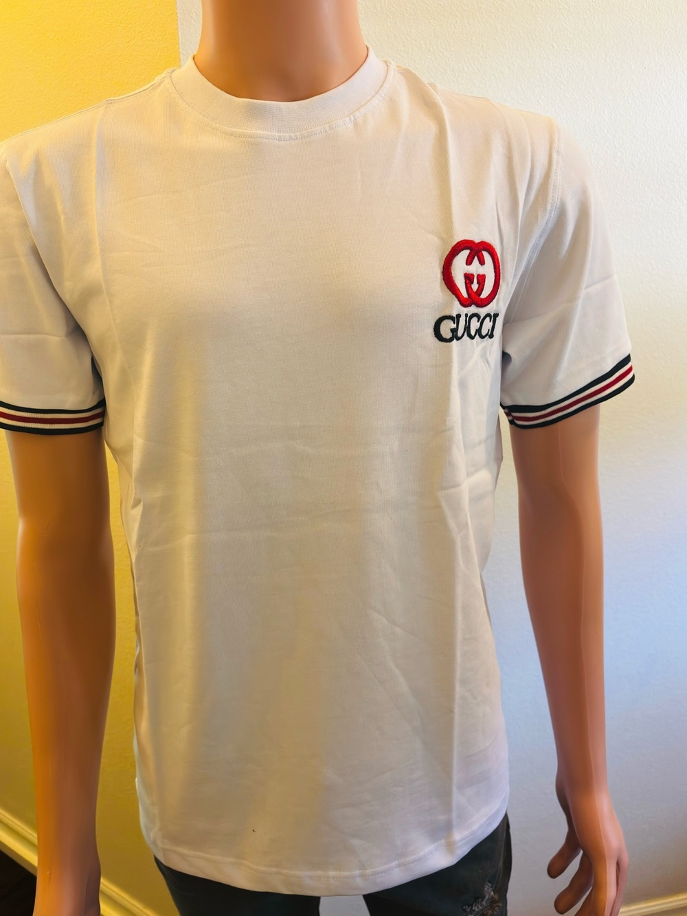 Gucci White Tee with Red Logo and Black Trim